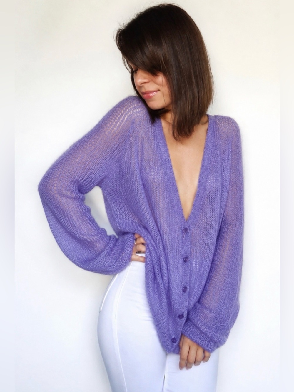 Pink Memories Mohair Wool Loose Knit Cardigan Sweater Purple Lilac Size 6 Small